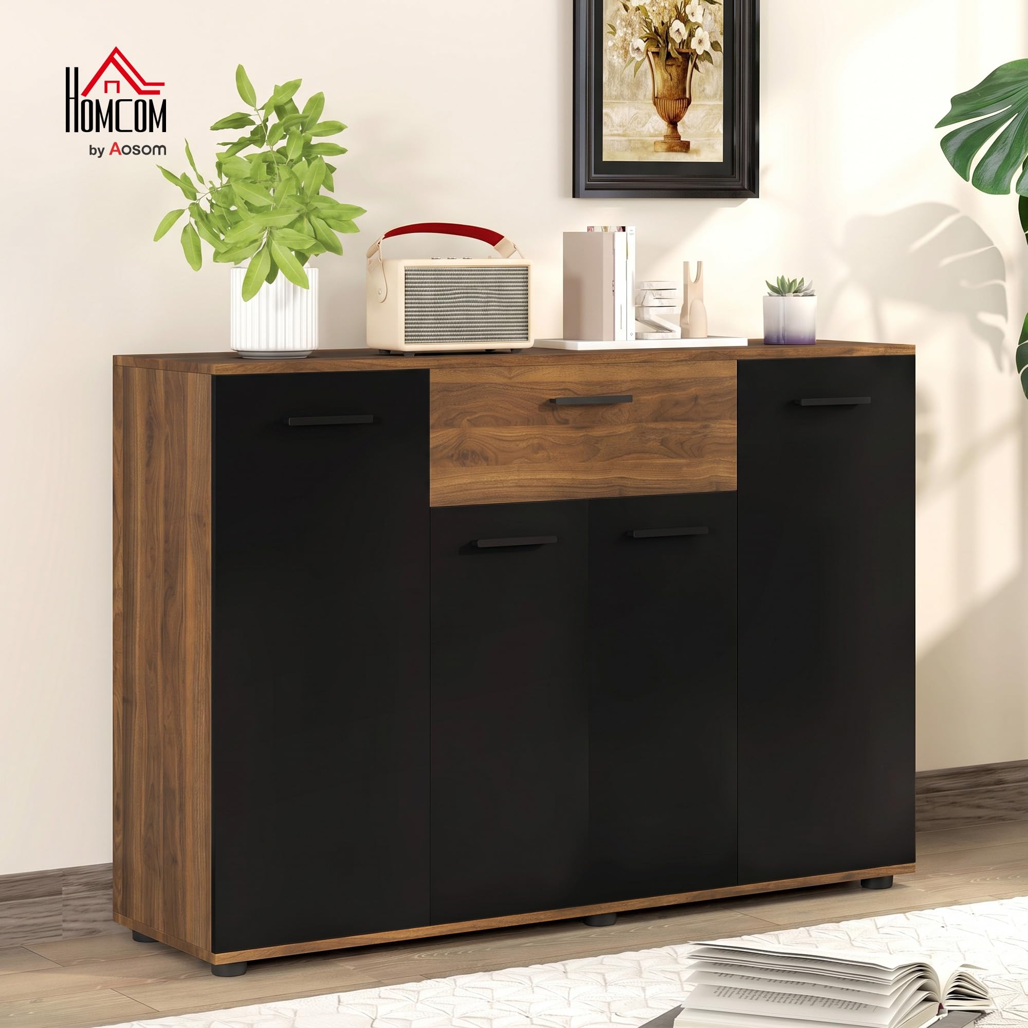 HOMCOM Aparador de Almacenamiento 120x35x85cm Marrón y Negro | 4 armarios, cajones, estantes ajustables, mueble de comedor