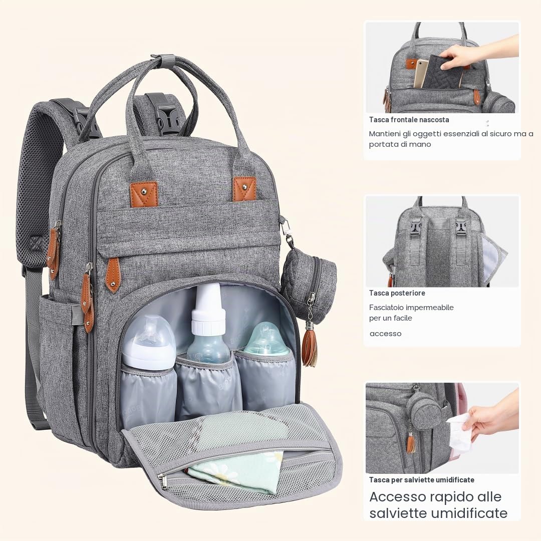 BabbleRoo Zaino per pannolini con fasciatoio, grande capacità, impermeabile, custodia ciuccio staccabile