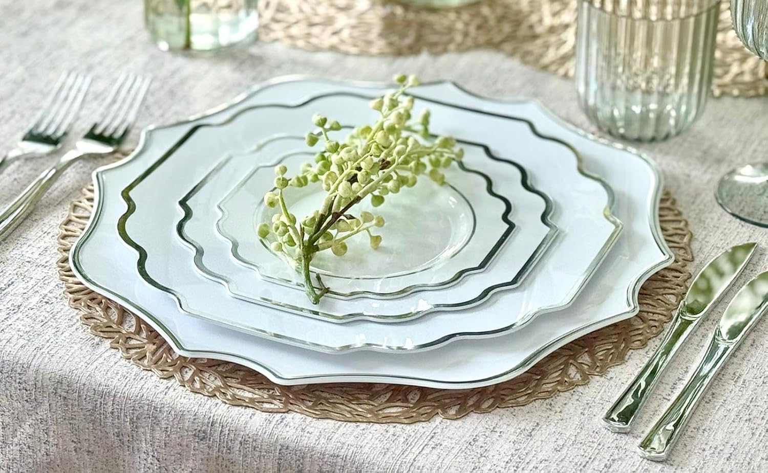 OCCASIONS 40 Piece Disposable Plastic Charger Plates 13.25'' Heavyweight BPA-Free, Bulk Party Plate Chargers for Weddings & Events, White & Silver Scalloped Imperial Collection