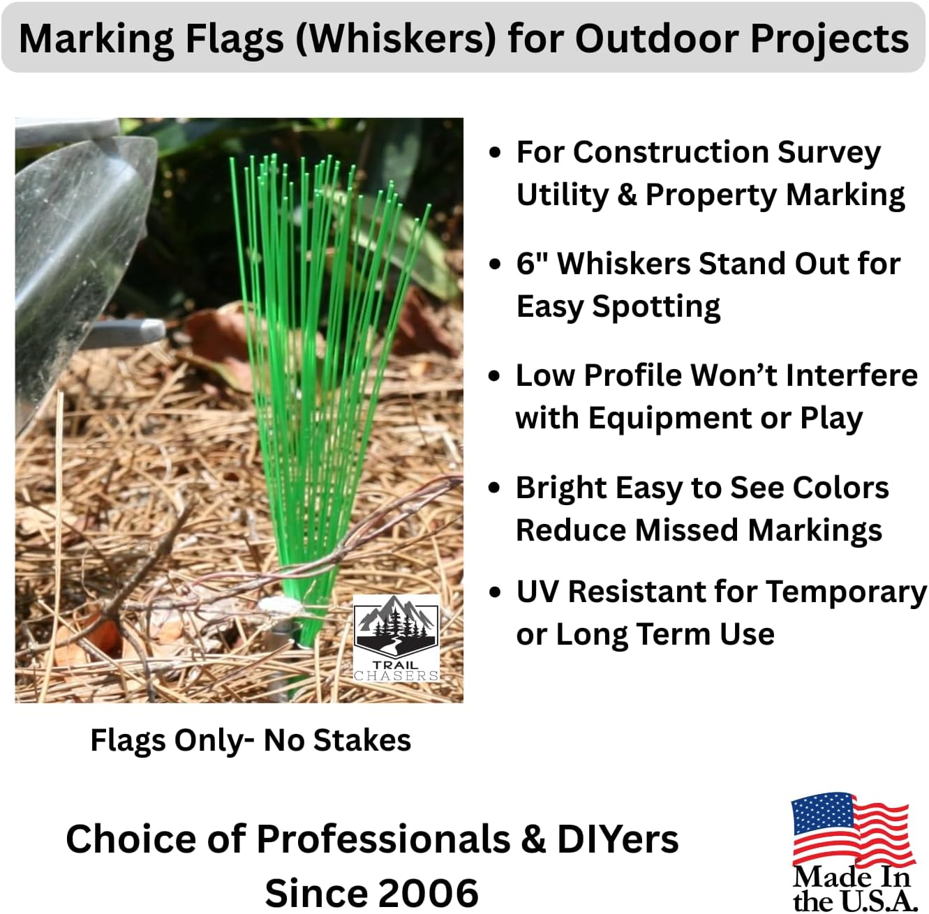 Trail Chasers® 6" Green Marking Flags (Whiskers) – Survey Markers, 250 Count – High Visibility, Durable Ground Markers for Construction, Utility & Landscaping