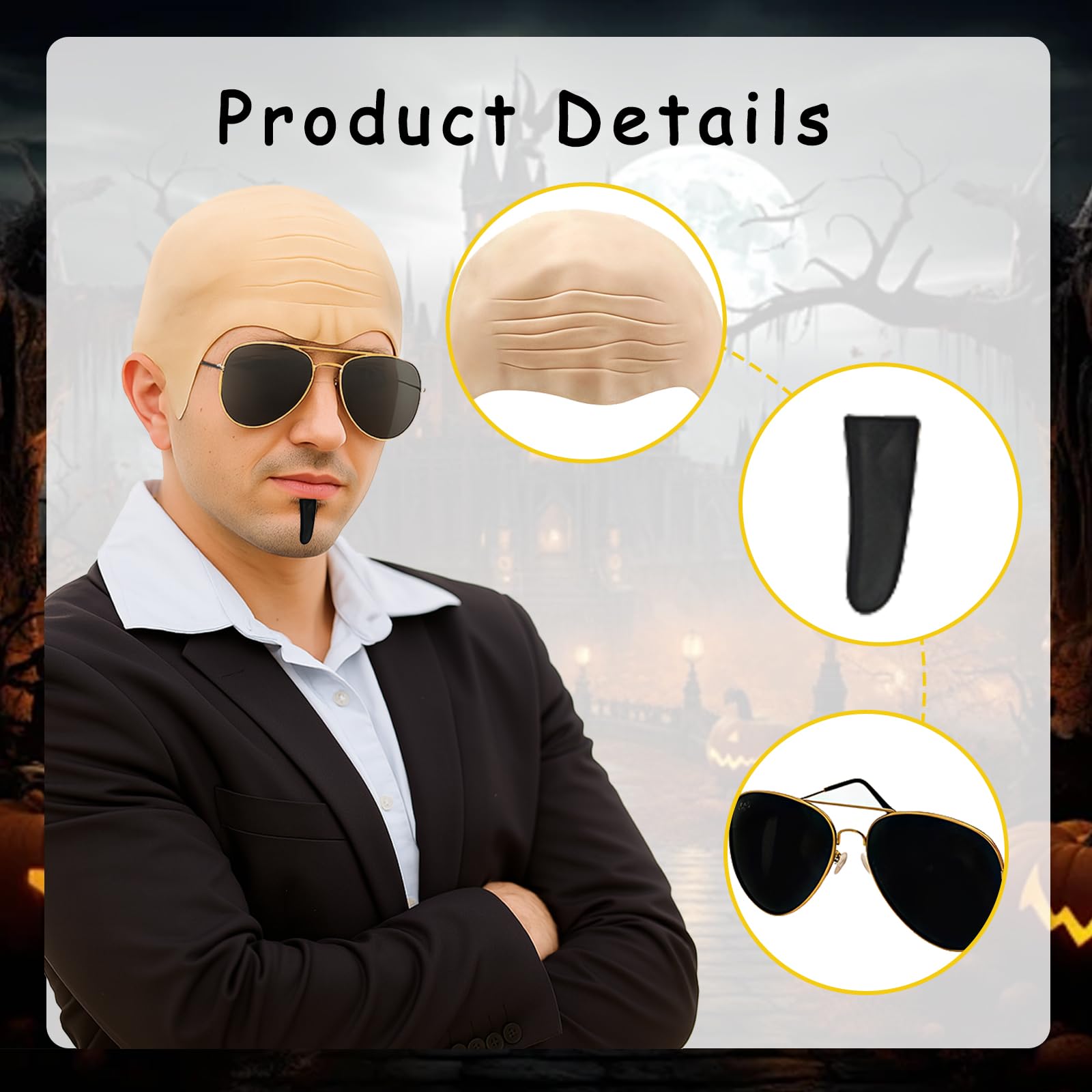 AYNKH Bald Caps Costume Set for Adults Men and Women Bald Head Wig Cap with Sunglasses - Image 3