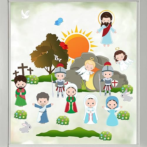 Calcomanías de ventana de Pascua para hacer una Pascua Él vive escenas de resurrección calcomanías de ventana para niños juegos de Biblia
