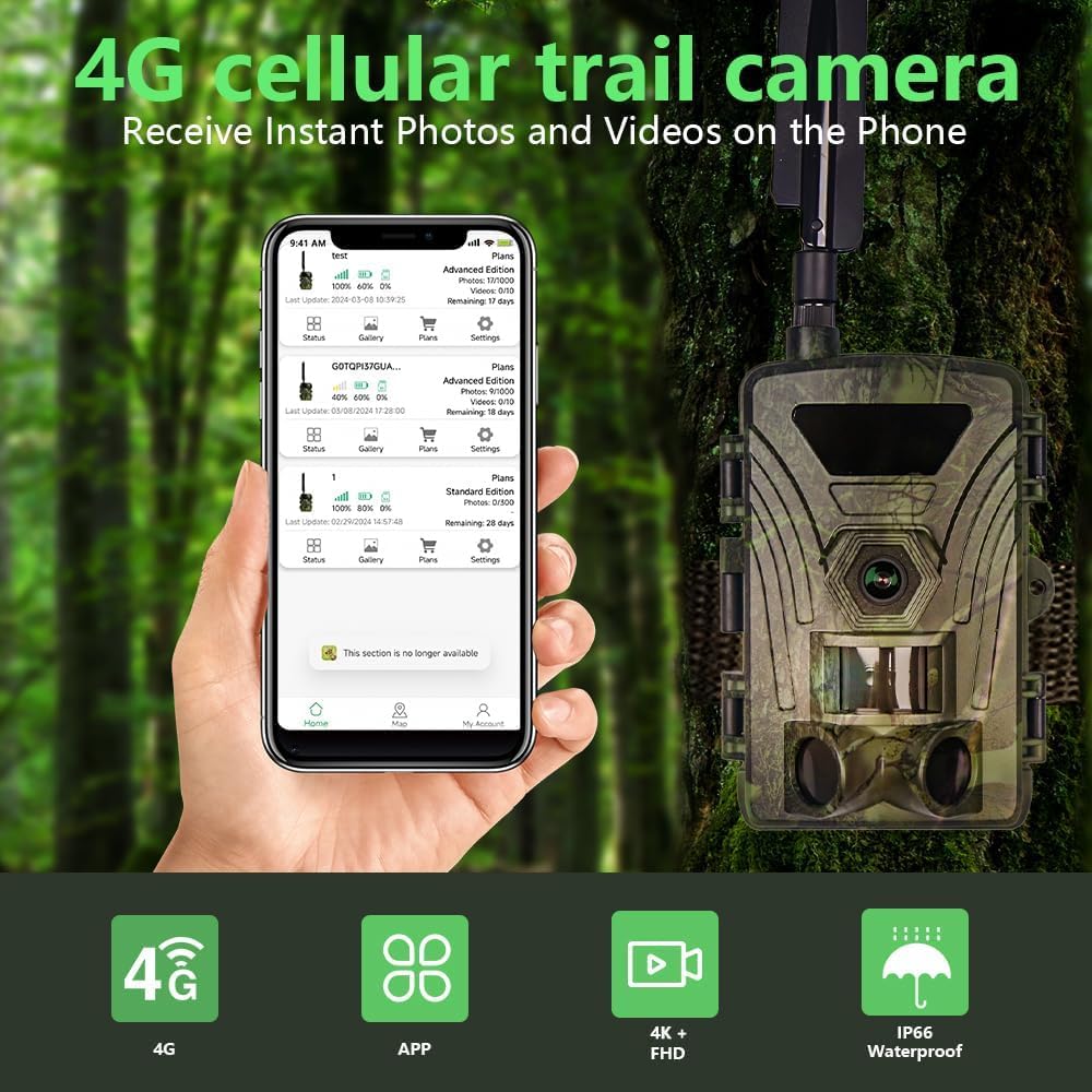 4G LTE Wildkamera mit SIM Karte, 4K/60MP Video, Handyübertragung APP, Live Übertragung, Bewegungssensor, Nachtsicht, 0,1s Auslösezeit - Wildtierkamera für die Jagd, Überwachungskamera für die Natur
