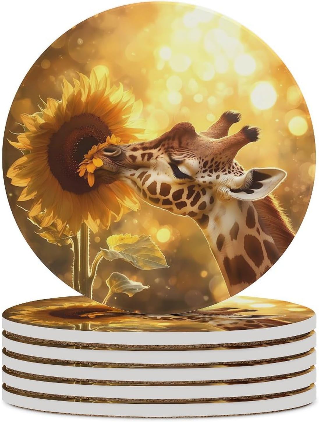 Giraffe and Flower Coasters for Drink Round Ceramic Coaster with Cork Base Home Decorative 6PCS