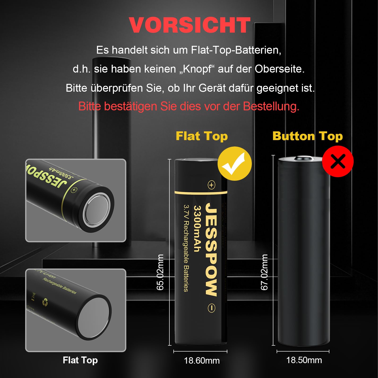 3,7V Wiederaufladbare Akku 2 Stück, Flache Batterien 3,7 Volt für Taschenlampe, Scheinwerfer, Mini-Fans (Flat-Top Akku, Nicht-AA)