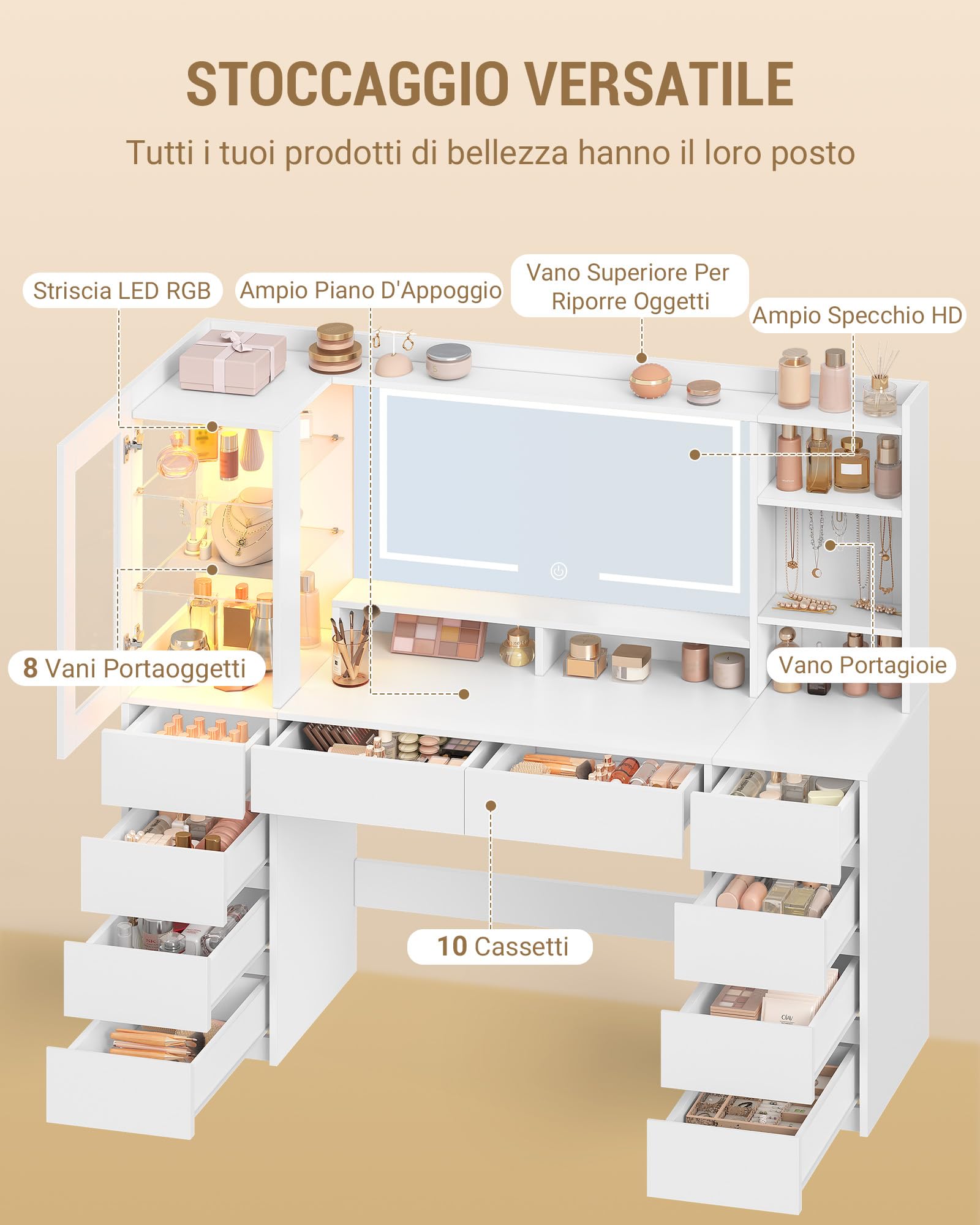Hzuaneri 140 cm Toeletta Trucco, Postazione Trucco con Grande Specchio HD, Striscia Luminosa RGB, 10 Cassetti, 9 Scaffale Portaoggetti, per Camera da Letto, Ufficio, Bianco 1150003XEU