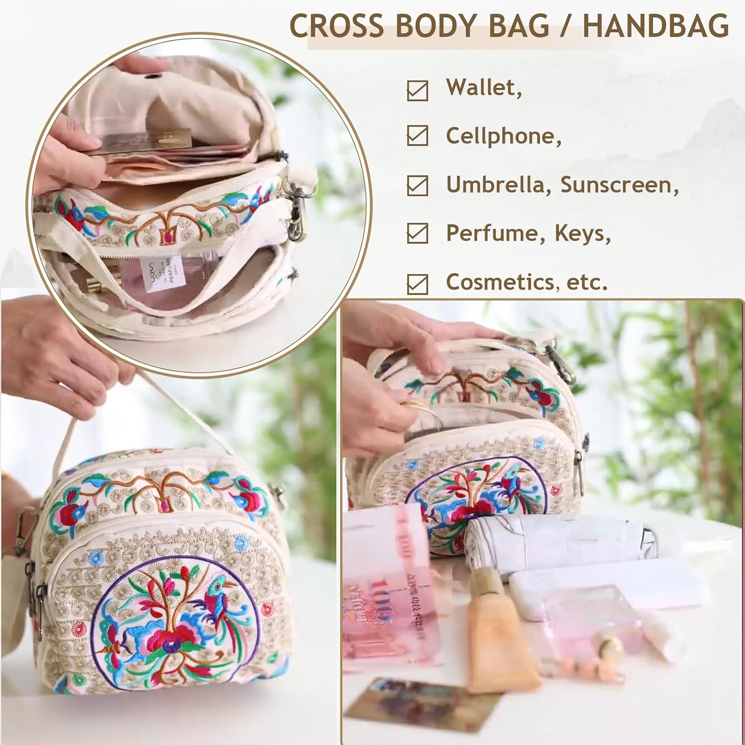 Jursccu Small Crossbody Bags for Women Flower Embroidery Tote Handbag Casual Shoulder Bag - Image 5