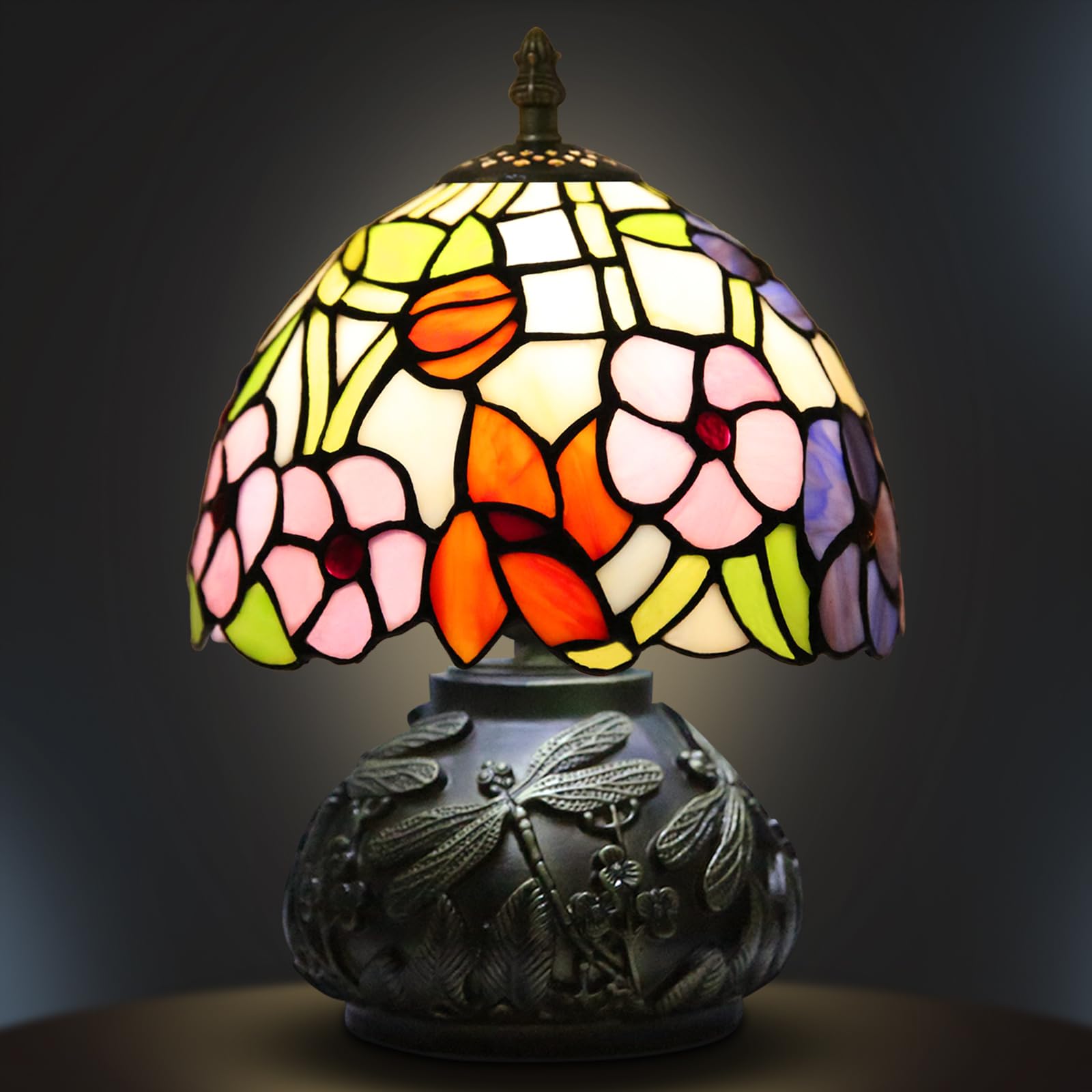 Ppbmocw Small Tiffany Lamp,Stained Glass Table Lamp for Living Room,Bedside,Reading,8 Inch Vintage Mini Mushroom Desk Light Included 3 Color Temperatures E27 Bulb (Four Leaf Flower)