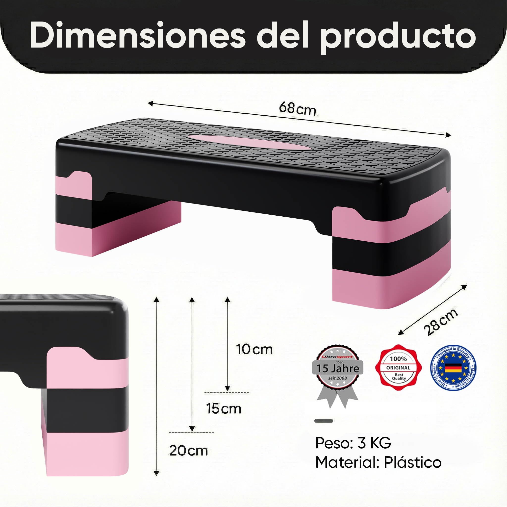Ultasport Step de Aeróbic I Steps Fitness I Antideslizante, Ajustable en 3 Alturas I Stepper para Ejercicio en Casa, Stepboard, Stepbench 68 x 28 cm, Rosa