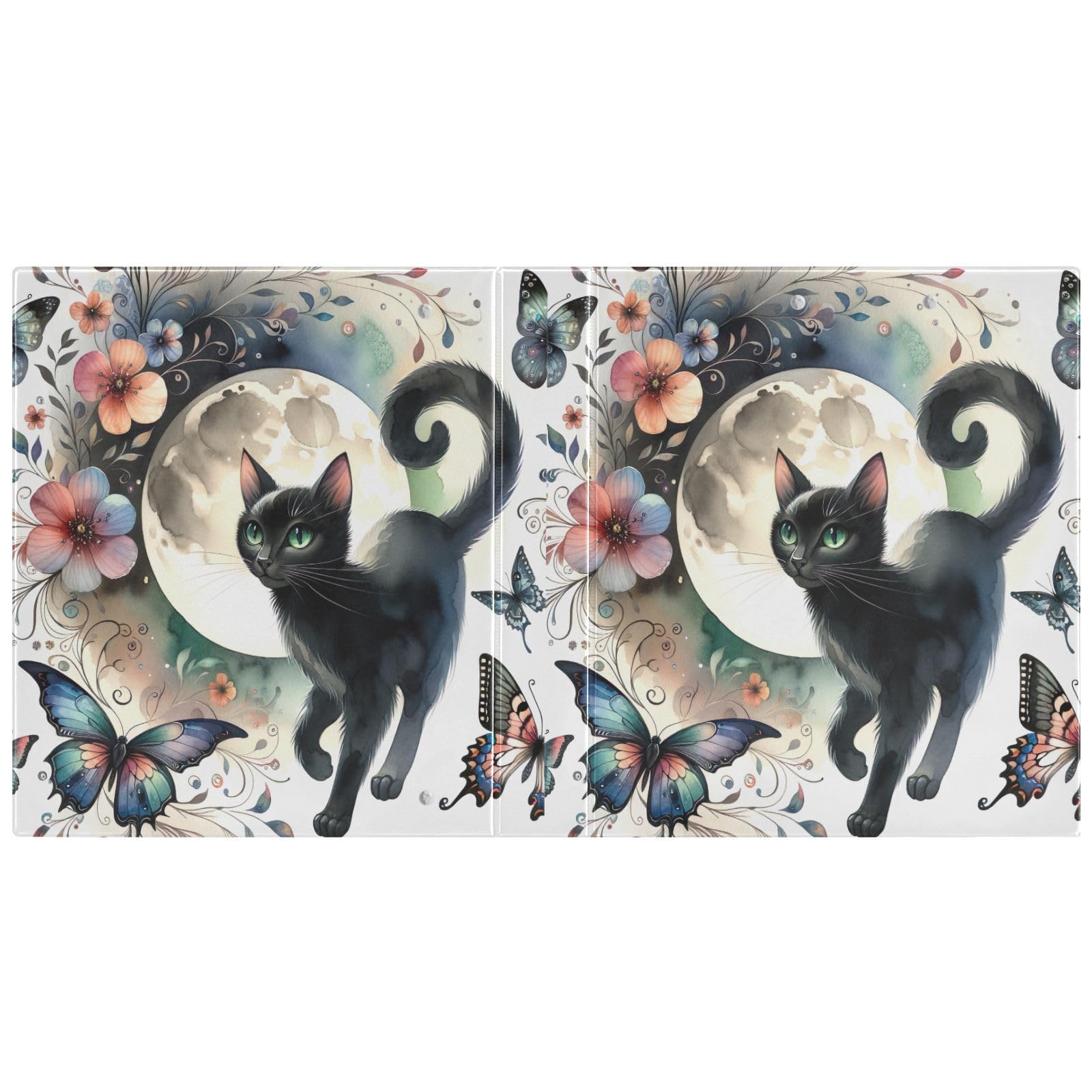 Confezione da 2 raccoglitori ad anelli con 3 anelli, motivo gatto nero e farfalle, con tasche, grandi, per scuola, università e ufficio