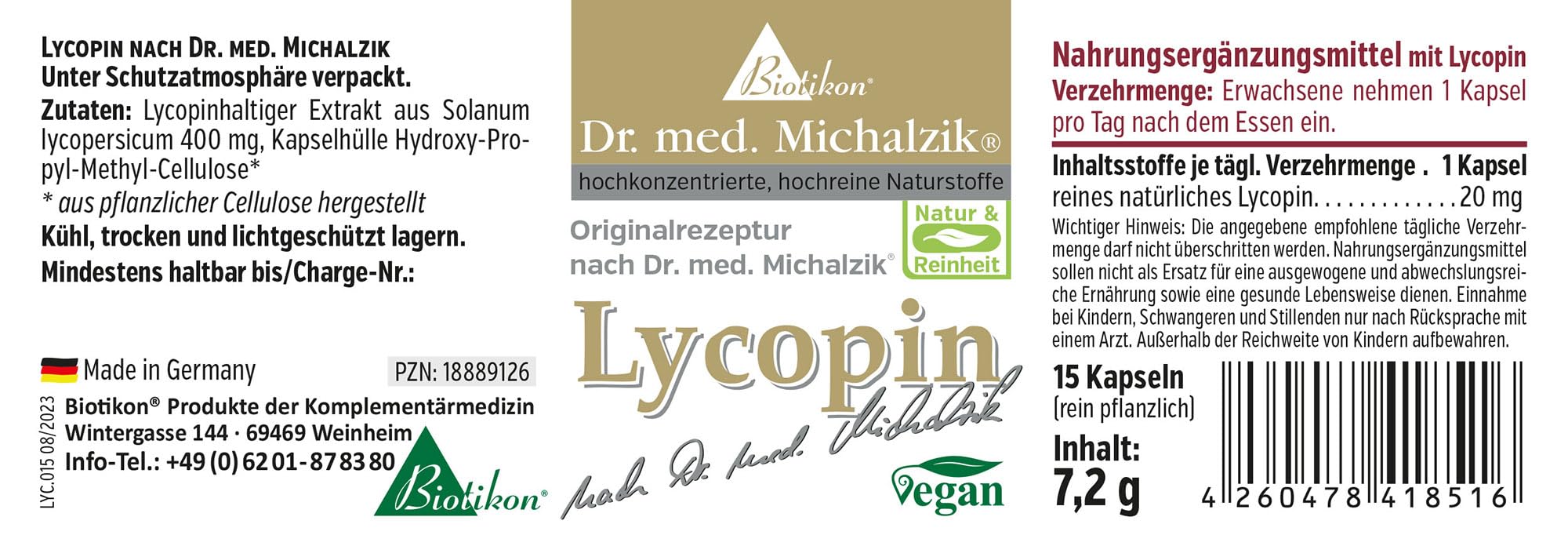 Lycopin - 400 mg Carotinoid-Extrakt - nach Dr. med. Michalzik - 20mg hochdosiertes reines natürliches Lycopin pro Kapsel - ohne Zusatzstoffe - von Biotikon® (60 Kapseln)