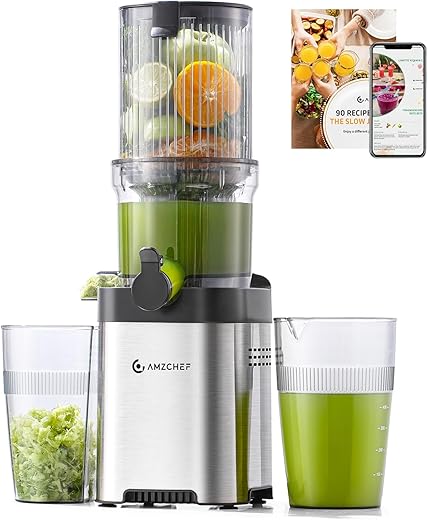 AMZCHEF Cold Press Juicer Machines, Slow Juicers with 126 MM Large Feed Chute for Whole Fruit and Vegetable, Durable Stainless Steel Juicer, Auto-cutting Auger, Double-Layer Filter