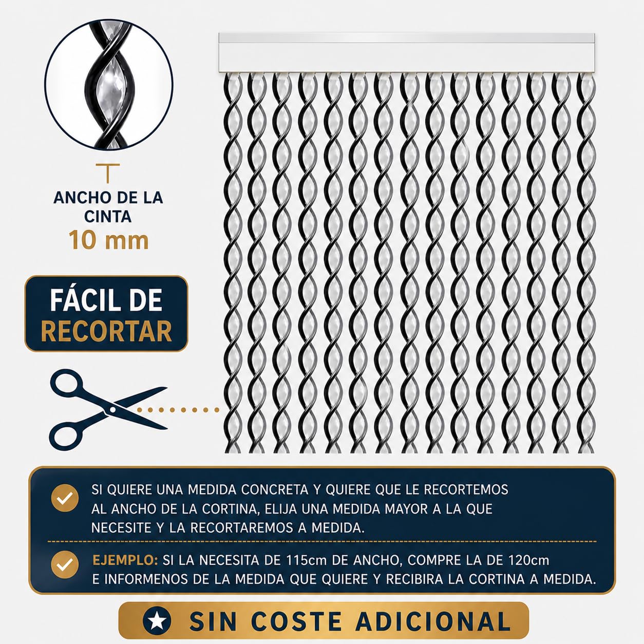 Cortinas - Tenda in corda per esterni, in plastica PVC e barra in alluminio, 96 strisce, ideale per terrazze e verande, anti-mosche, bianco-grigio, 210 x 120 cm