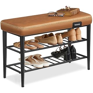 VASAGLE EKHO Collection - Shoe Rack Bench, Storage Bench for Entryway, Synthetic Leather with Stitching, Mid-Century Modern, Loads 300 lb, 11.8 x 31.5 x 19.7 Inches, Caramel Brown ULSB054K01 - Amazon product rated Grade A