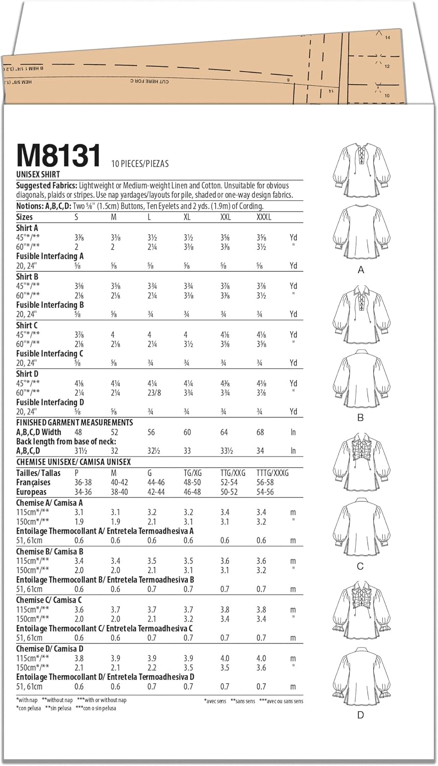 McCall's Unisex Cosplay and Costume Shirts Sewing Pattern Packet, Design Code N6738, Sizes S-M-L-XL-XXL-XXXL, Multicolor