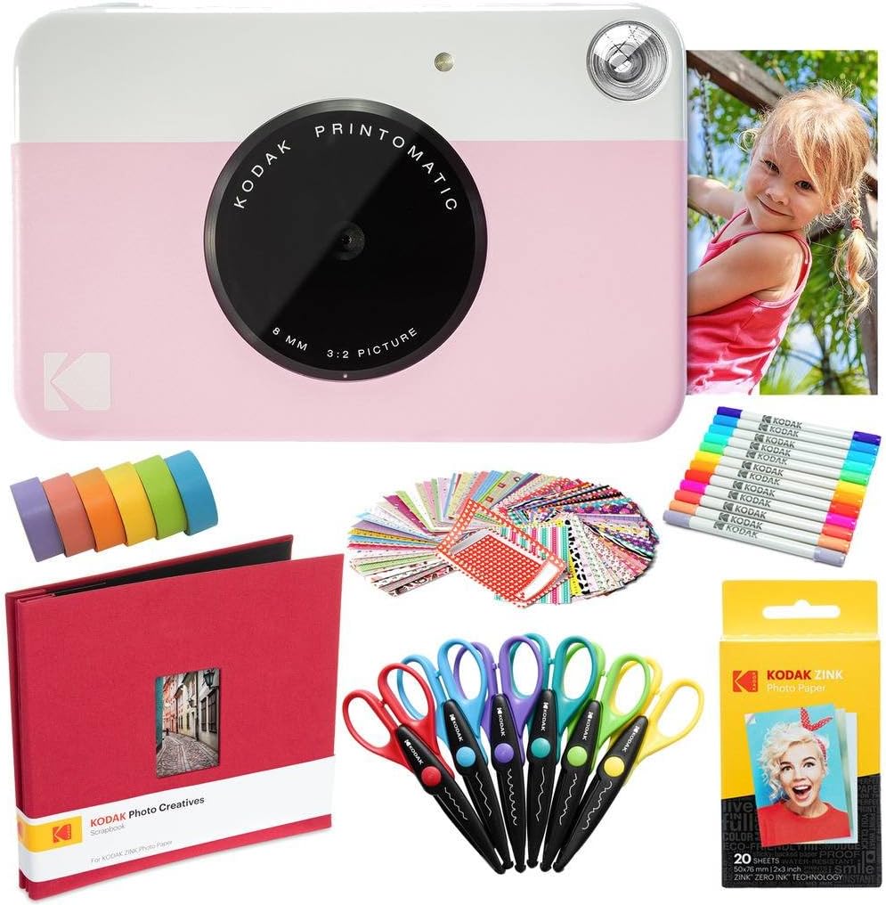 Kodak Printomatic Instant Camera (Pink) Art Bundle + Zink Paper (20 Sheets) + 8x8 Cloth Scrapbook + 12 Twin Tip Markers + 100 Border Stickers + 6 Decorative Scissors + Washi Tape