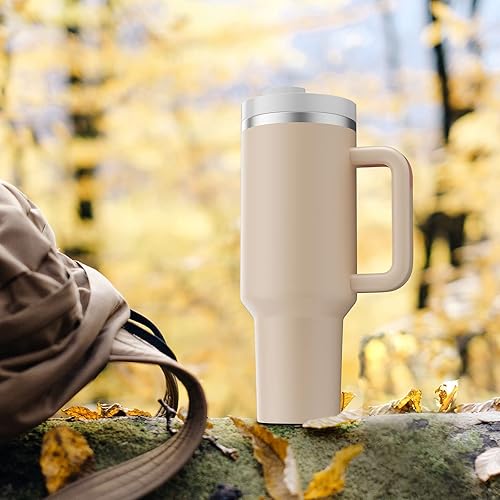 Miniatura 7 de MURRICON Vaso de 40 onzas con asa y popote, vaso reutilizable con tapa, aislamiento al vacío de acero inoxidable, para café y bebidas (cuarzo rosa)