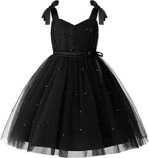 Flower Girls Pearl Dress Toddler Tulle Dresses with Bow Shoulder Straps for Wedding Party