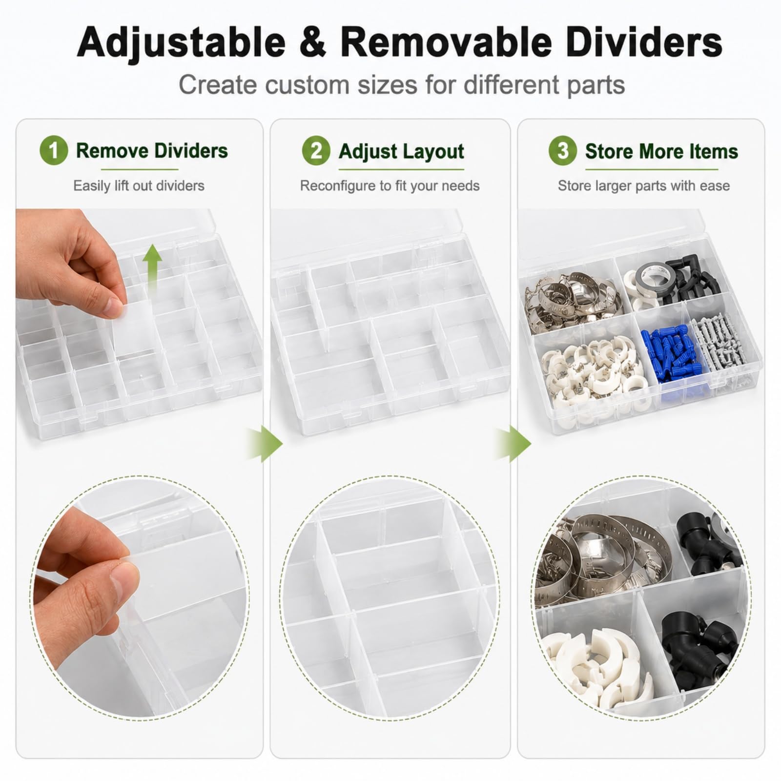 Confezione da 4 grandi scatole organizer in plastica a 24 scomparti con divisori – organizer a 24 scomparti, organizer trasparente per attrezzatura e artigianato con divisore regolabile rimovibile,