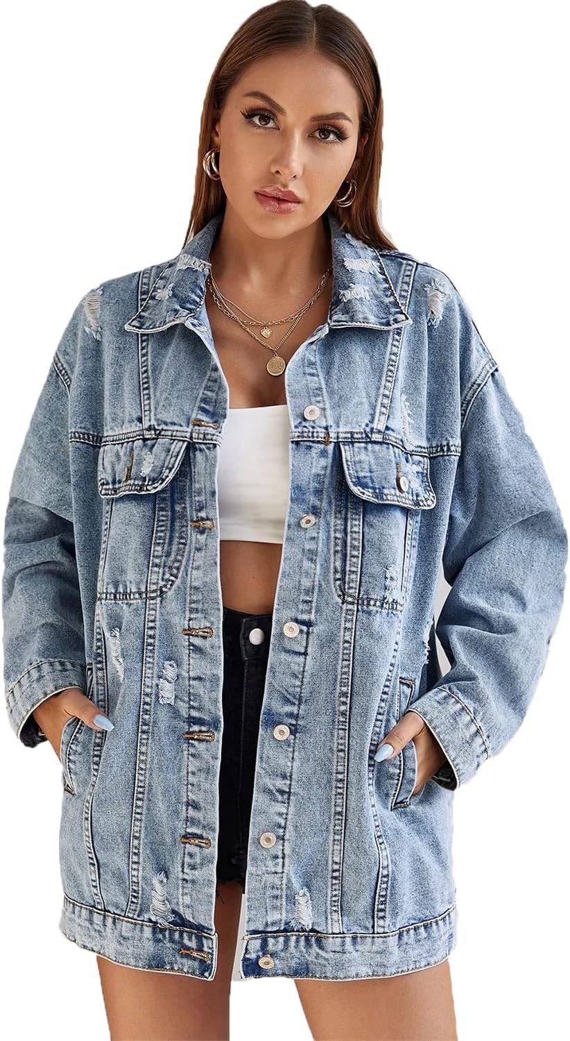 Women Casual Oversize Denim Jackets Mid Long Vintage Ripped Jean Coats