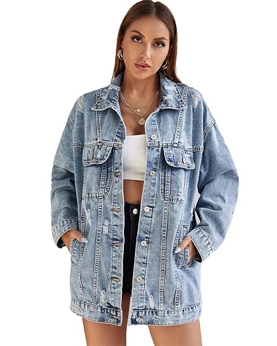 YILANUOYI Women Casual Oversize Denim Jackets Mid Long Vintage Ripped
