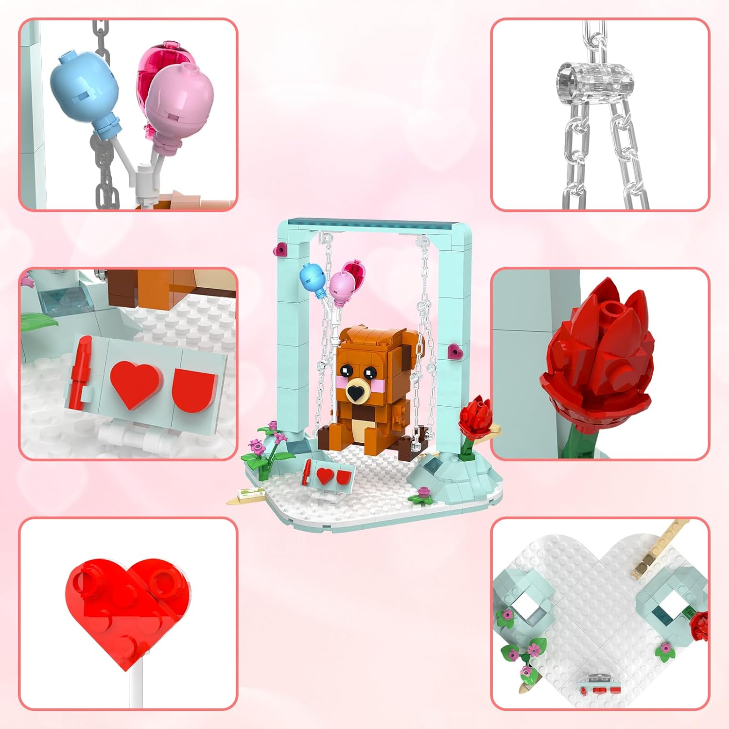 Nubee Valentine Love Birds Brown Bear Building Sets, Lovebirds Swings Bear Flower Heart Arrow I Love U Board, Valentine Gifts for Her, Kids Classroom.(485PCS)