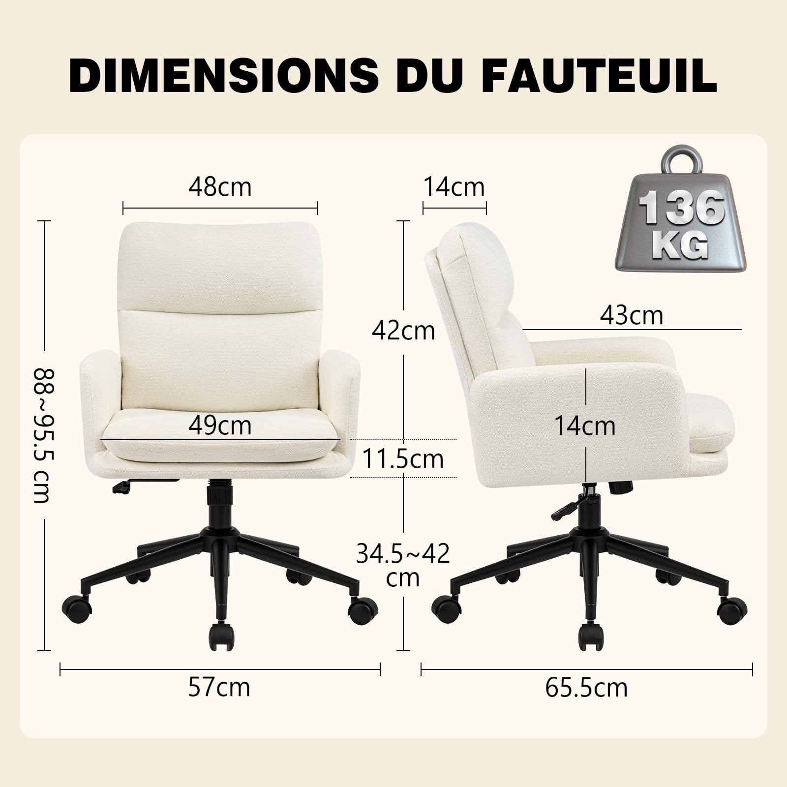 Hellove Fauteuil de Bureau Ergonomique, Chaise de Bureau Pivotante à roulettes avec Accoudoirs, Hauteur Réglable 10 cm, Tissu Chenille Beige – Idéale Aussi comme Chaise Coiffeuse