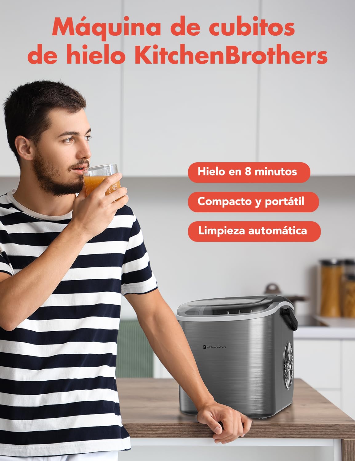 KitchenBrothers maquina de Hielo - Ice Maker - Maquina de Hacer Hielo - Máquina para Hacer Cubitos de Hielo con Pala para Hielo - 9 Cubitos de Hielo en 8 Min. - Portátil con Asa - 1,2L