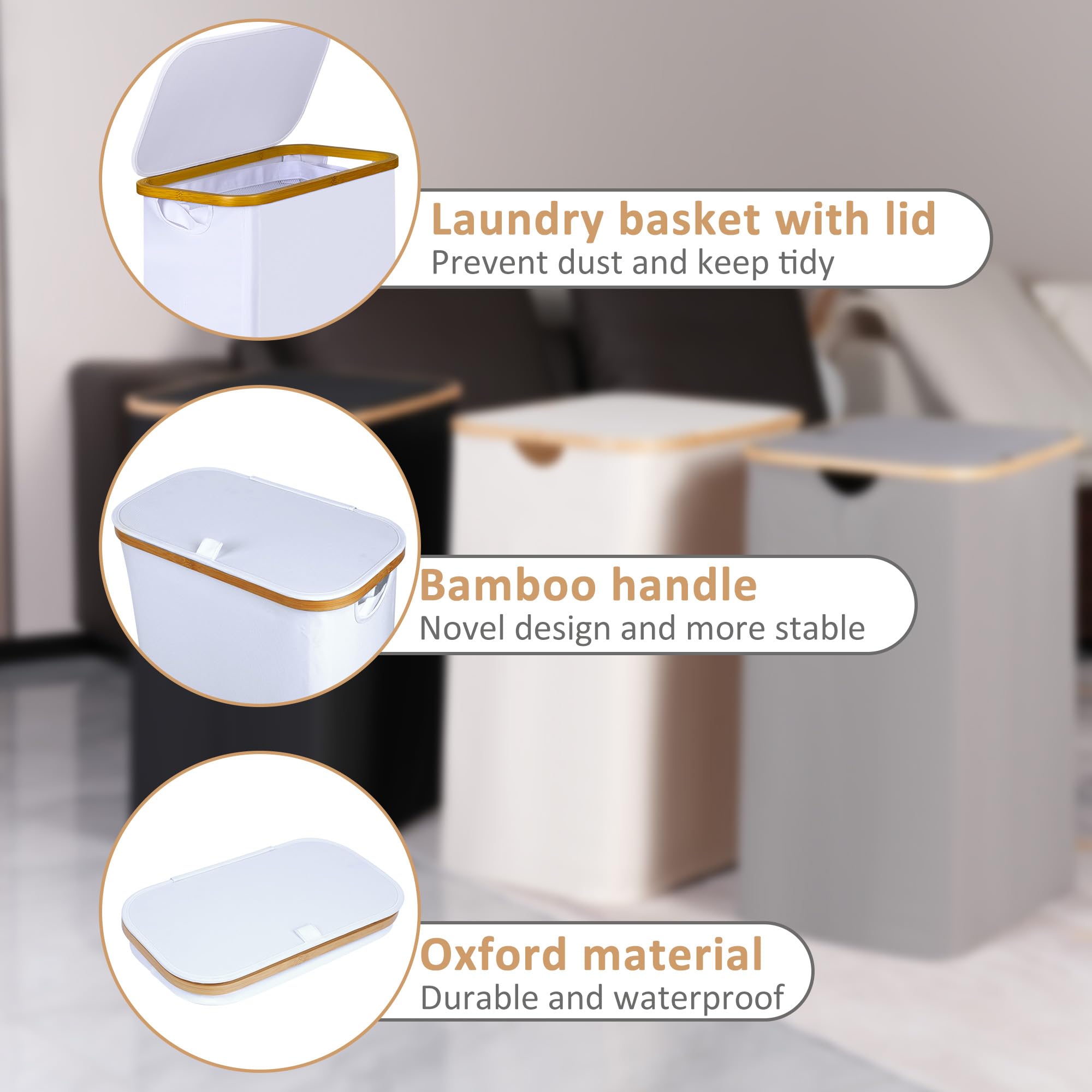 iEGrow Washing Basket for Laundry 60L Slim Laundry Basket with Removable Inner Bag, Bamboo Handles, White - Image 4