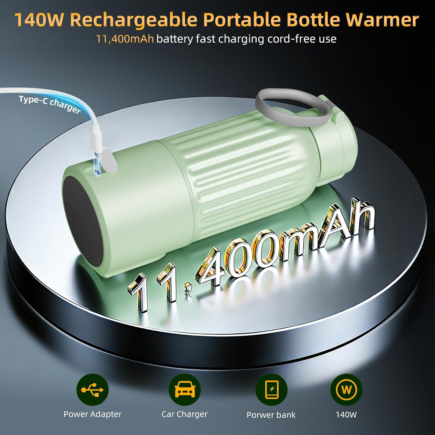 Portable Bottle Warmer for Travel, 17oz Large Capacity, 18000mAh Battery Life, Dual Heating Modes for Breast Milk Water, Fast Heating, Cordless Milk Warmer for Car Airplane Outdoor (Green)
