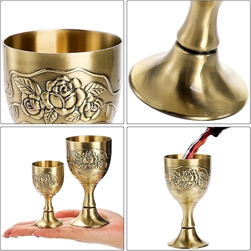 Miniatura 4 de DEAYOU Paquete de 2 mini copas de cáliz vintage, copa de comunión dorada en relieve de flores, apta para alimentos, resistente copa de vino de latón