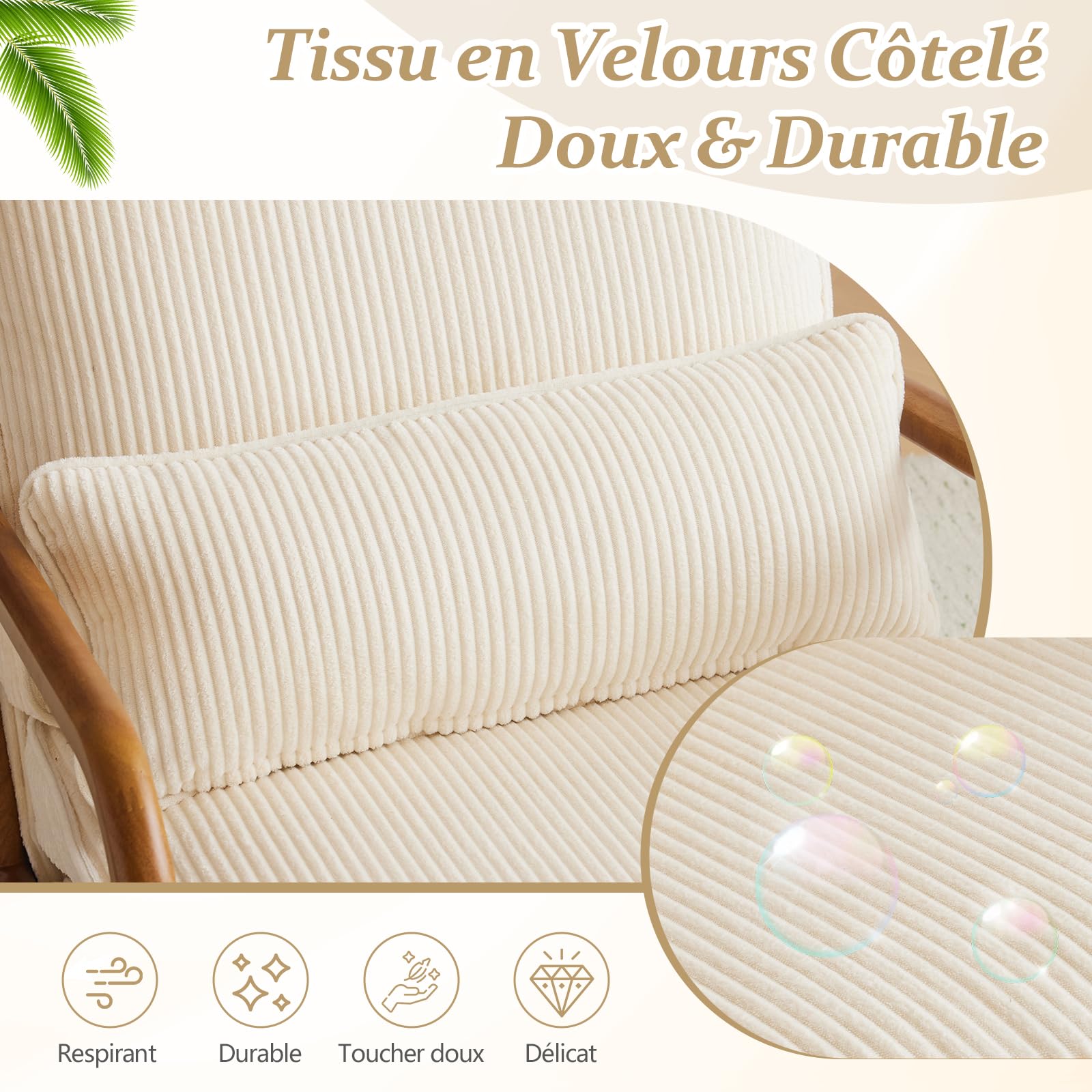 Bonnlo Fauteuil de Salon en Velours Côtelé, Chaise d'Appoint Relaxation avec Cadre en Bois, Siège Confortable pour Salon, Chambre, Terrasse, 65 x 80 x 78 cm (Beige Clair)