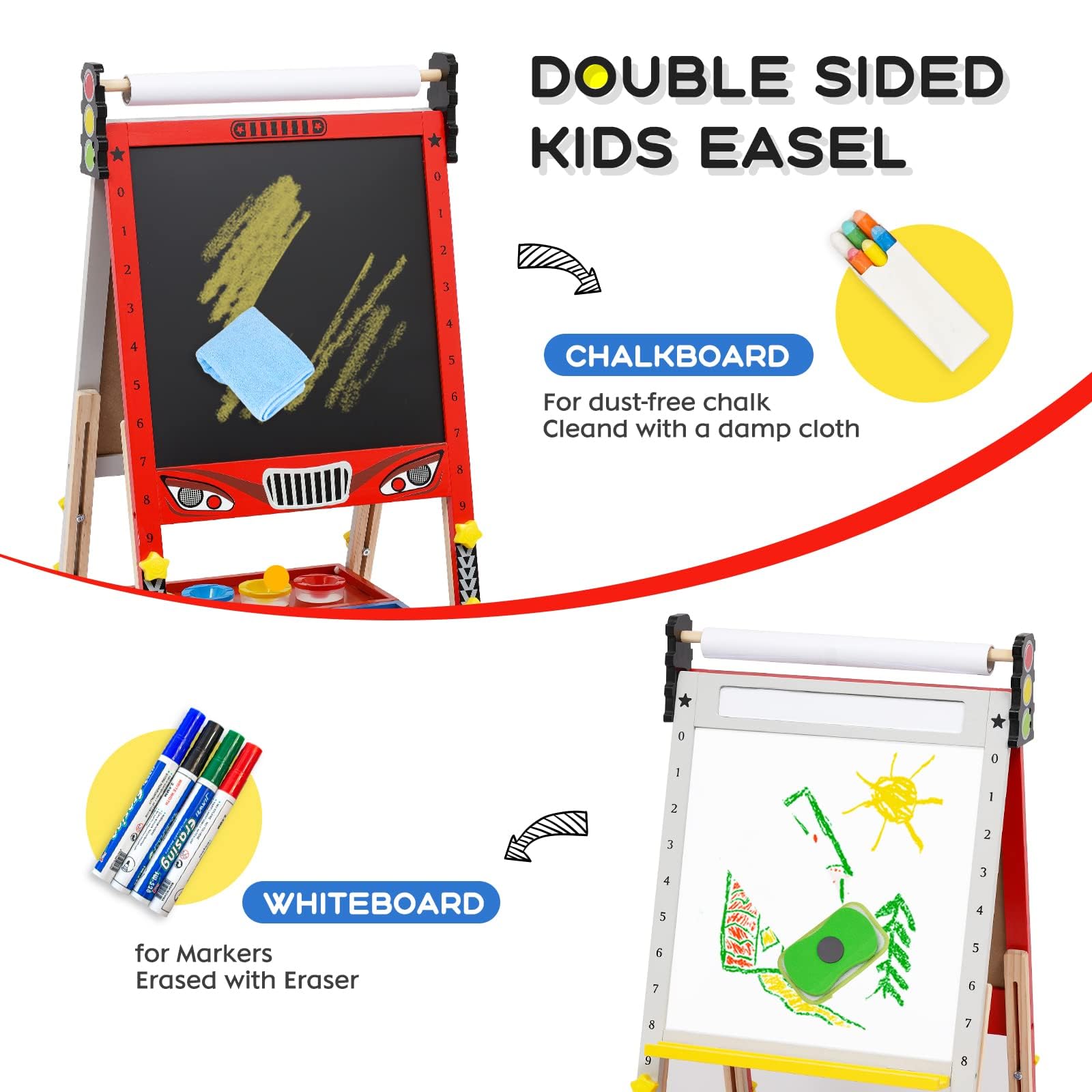 Pizarra Infantil Caballete para Niños Diseño de lazo Pizarra Blanca y Altura Ajustable Tablero de Dibujo de Doble Cara para Niños (Rojo)