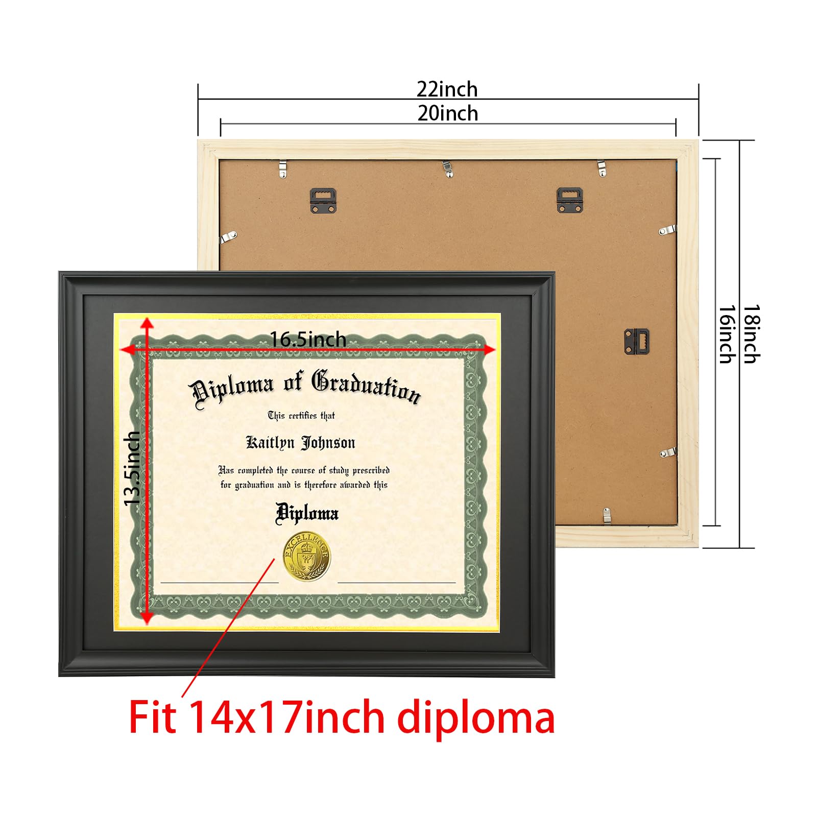 LTYHHK Ramka dyplomowa 14 x 17 z litego drewna, czarna, wyświetla dyplomy 14 x 17 z czarną matą lub 40 x 50 cm bez maty, ramka na dyplom 14 x 17 ramek na certyfikaty (LK1620BG)