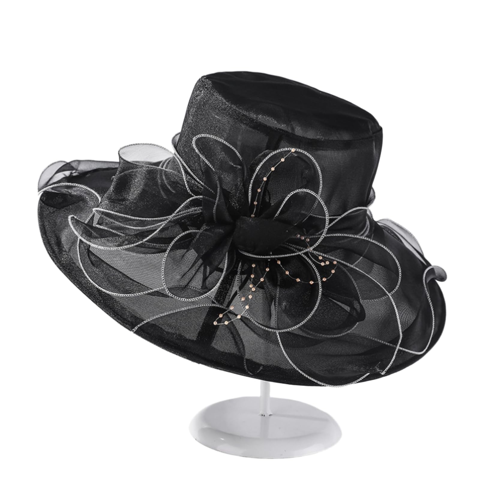 Damen-Fascinator aus Organza, Kirche, Braut, Teeparty, Hochzeit, Sommer, Rüschen, Blume, breite Krempe, Strand-Sonnenhut