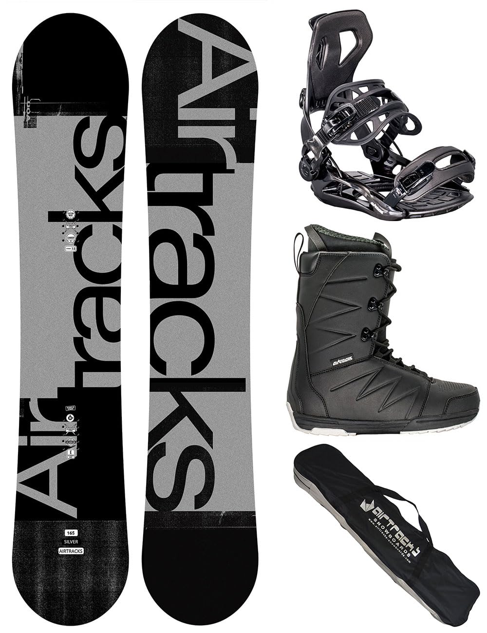 Airtracks Set snowboard – Silver Camber Snowboard Extra Wide + Bindung Master Fastec + Boots + SB Bag 155 159 161 165 171 cm