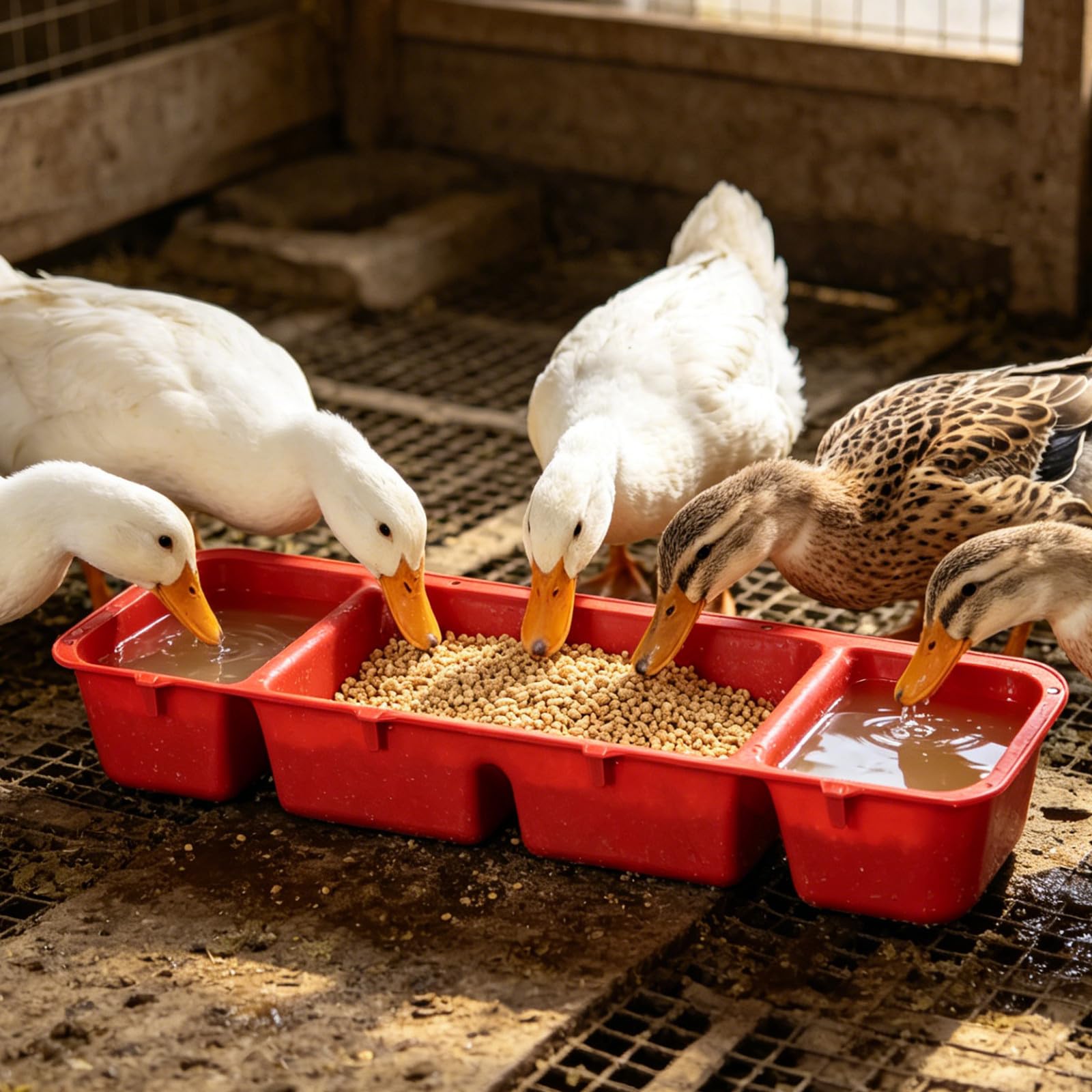 Mangiatoia Sospesa per Pollame 4 Pezzi in Plastica Rossa Scomparti Multipli, Bordo Anti-sgocciolamento, Facile da Smontare e Pulire per Spazi Confinati e Ambienti Umidi