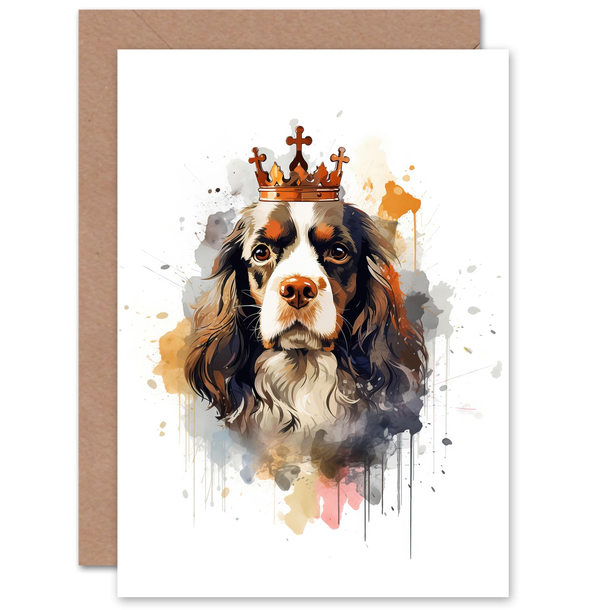 Artery8 King Charles Spaniel with Crown Dog Lovers Gift Watercolour Pet Portrait Painting Artwork Sealed Greeting Card Plus Envelope Blank inside
