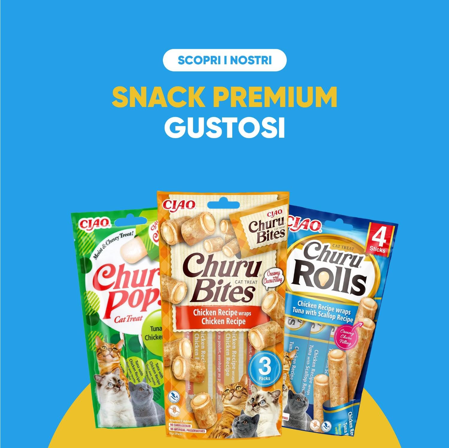 INABA Churu Rolls Bastoncini di Pollo con Cuore di Pollo 1 Pack (4x10gr) Snack Morbido per Gatti Senza Conservanti Grain-Free