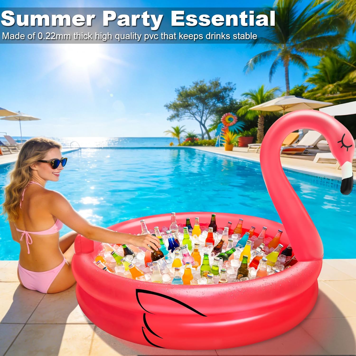 Inflatable Flamingo Cooler 130+ Cans Large Capacity, Bottom Quick-Drain, Luau Party Decor, Flamingo Pool Party Decorations, Beach Hawaiian Birthday Party Supplies Tropical Themed Summer Drink Cooler