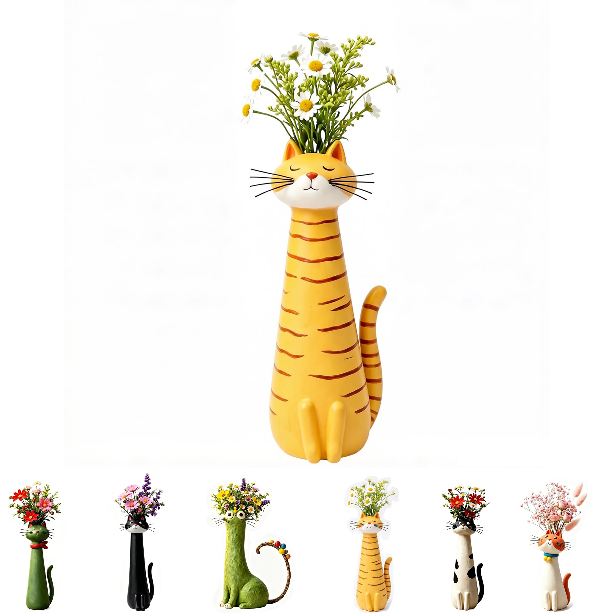 BRTNUP Handcrafted Quirky Cat Vase, Cute Resin Cat Flower Vase Whimsical Cats Shaped Flower Vase for Home Office Desk Decor Handmade Quirky Cats Shaped Vase Unique Gift for Catss Lovers (Yellow)