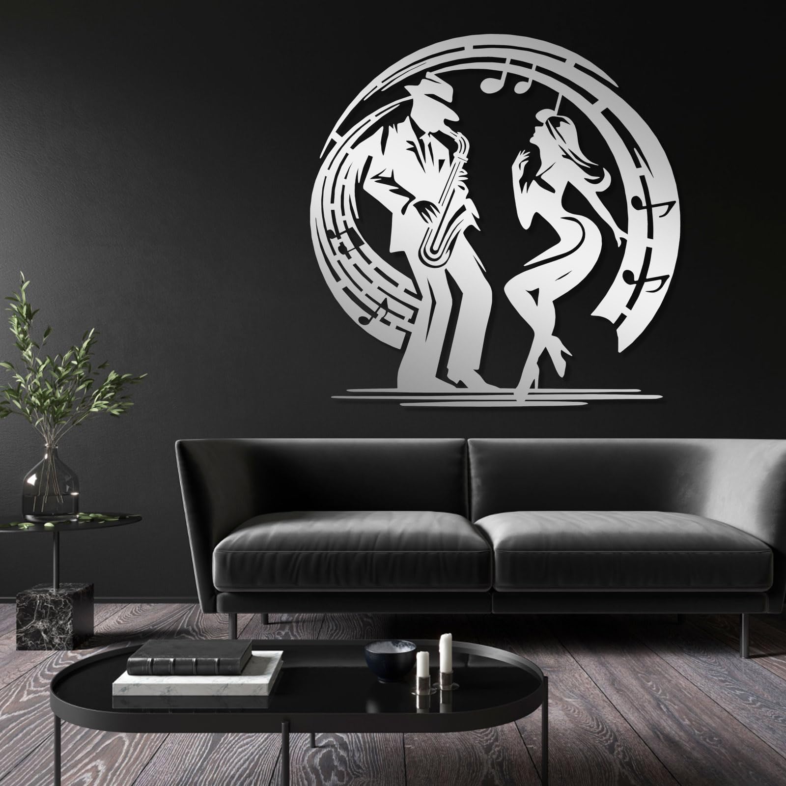 Generico Decoración de pared abstracta contemporánea de Metal con temática de pareja y música Jazz, Arte Musical, escultura clásica única, Regalo para enamorados (Blanco, 70x70 cm).