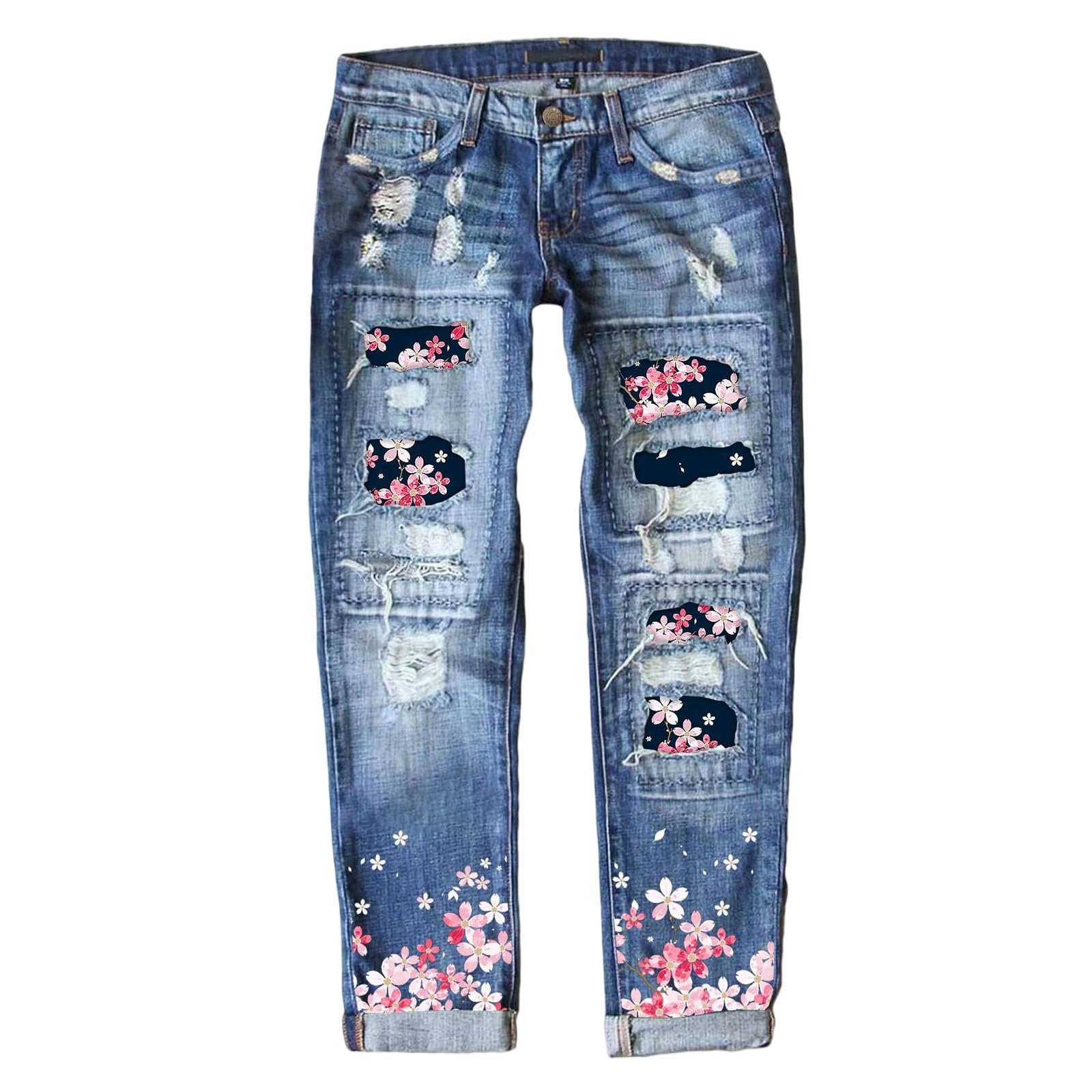 Jeggings Damen Stretch High Waist Damen-Jeans Mit Kariertem Aufnäher, Zerrissen, Used-Look, Skinny-Jeans Loch, Zerrissene Jeans Für Damen, Karierter Aufnäher 46 Damenjeans Gerades Bein