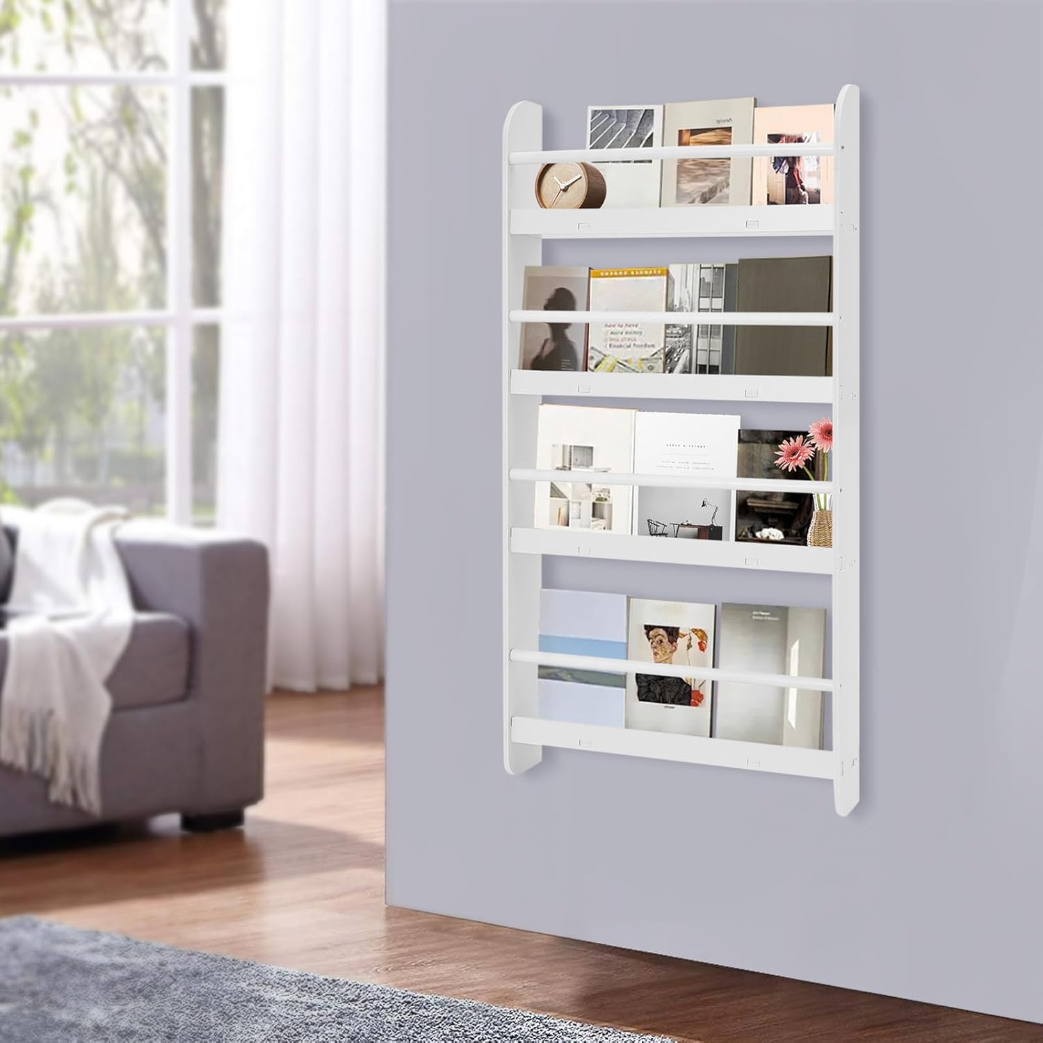 Wall Mounted Magazine Rack, 4-Tier Brochure Display Stand Book Poster Literature Storage Organizer Holder for Exhibition Office Reception Areas, W22.4*D4.7*H43.9in (White)