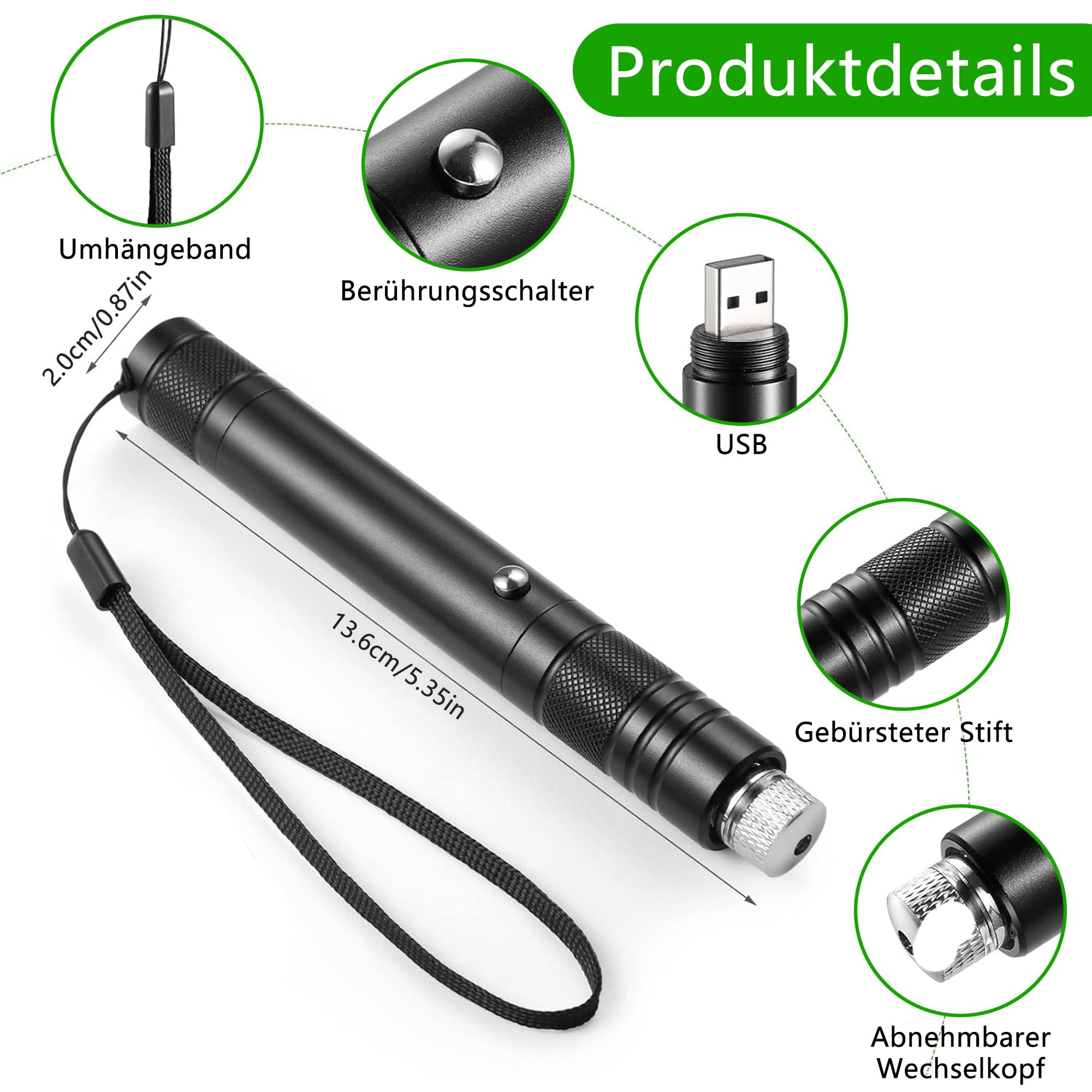 Torcia a LED con luce verde – potente puntatore verde con cappuccio a 2 stelle intercambiabile, indicatore ricaricabile USB, penna da presentazione per astronomia, edilizia, attività