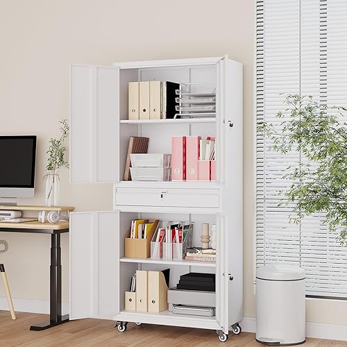 Vista 117 de Gabinete de metal de 72 pulgadas, armario de almacenamiento con bloqueo con 2 puertas y 5 estantes ajustables, gabinete de herramientas de acero