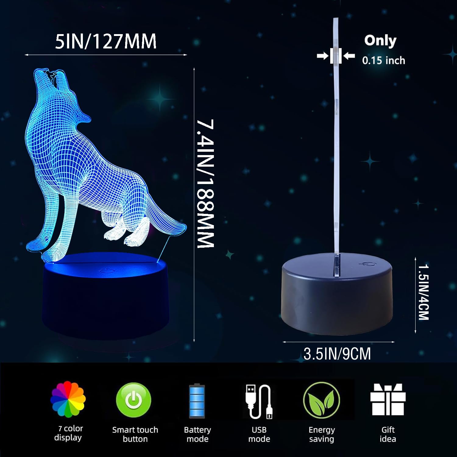 Lampada 3D Lupo Con Cambio Colore 7/16 - Luce Notturna LED Acrilica, Telecomando, USB, Regalo Natale Bambini - 5