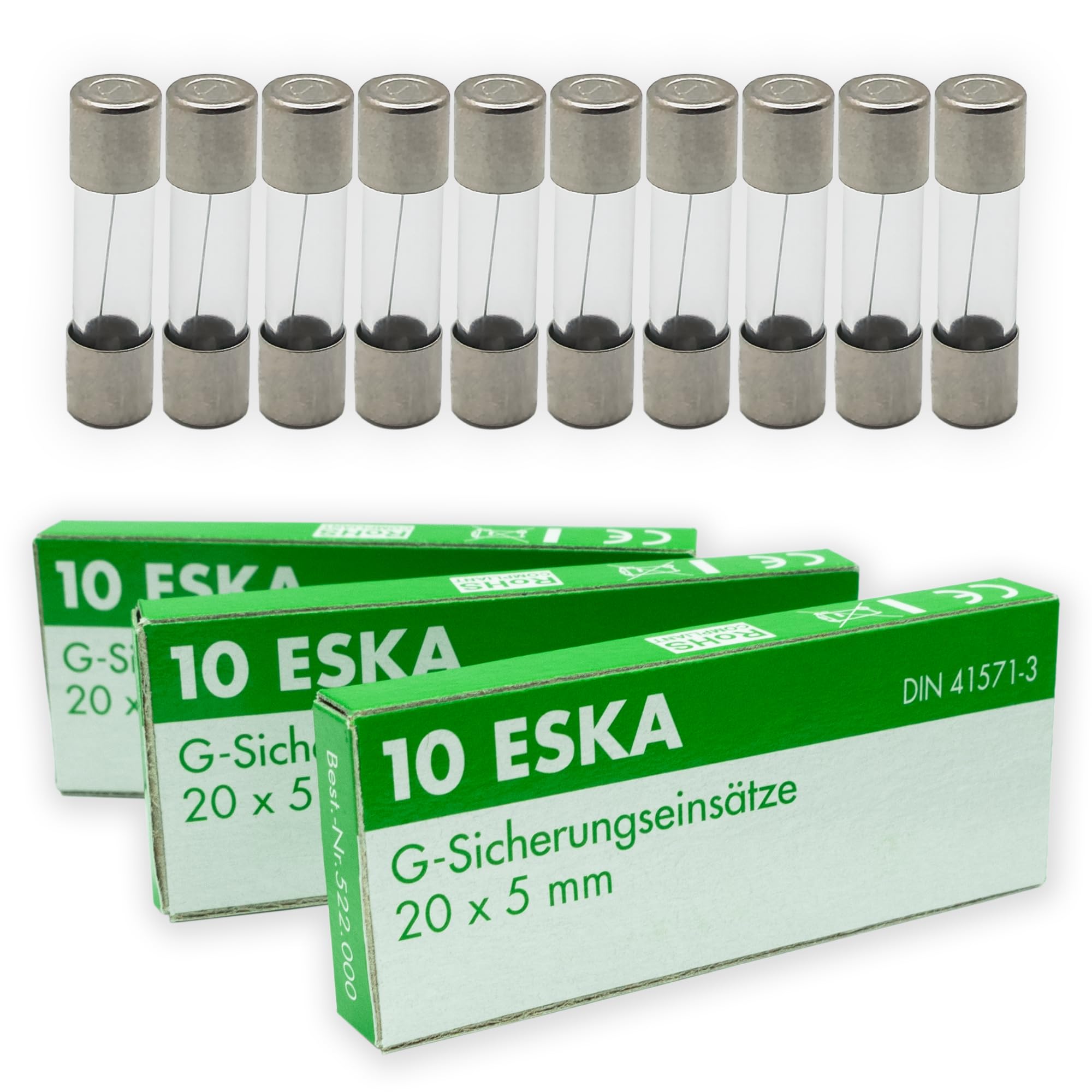 ESKA 4A Feinsicherungen 5x20mm Glassicherung | Träge Auslösecharakteristik für 220V / 230V / 250V AC | G-Sicherungseinsätze | 10 Stück | Eska Nr. 522.500