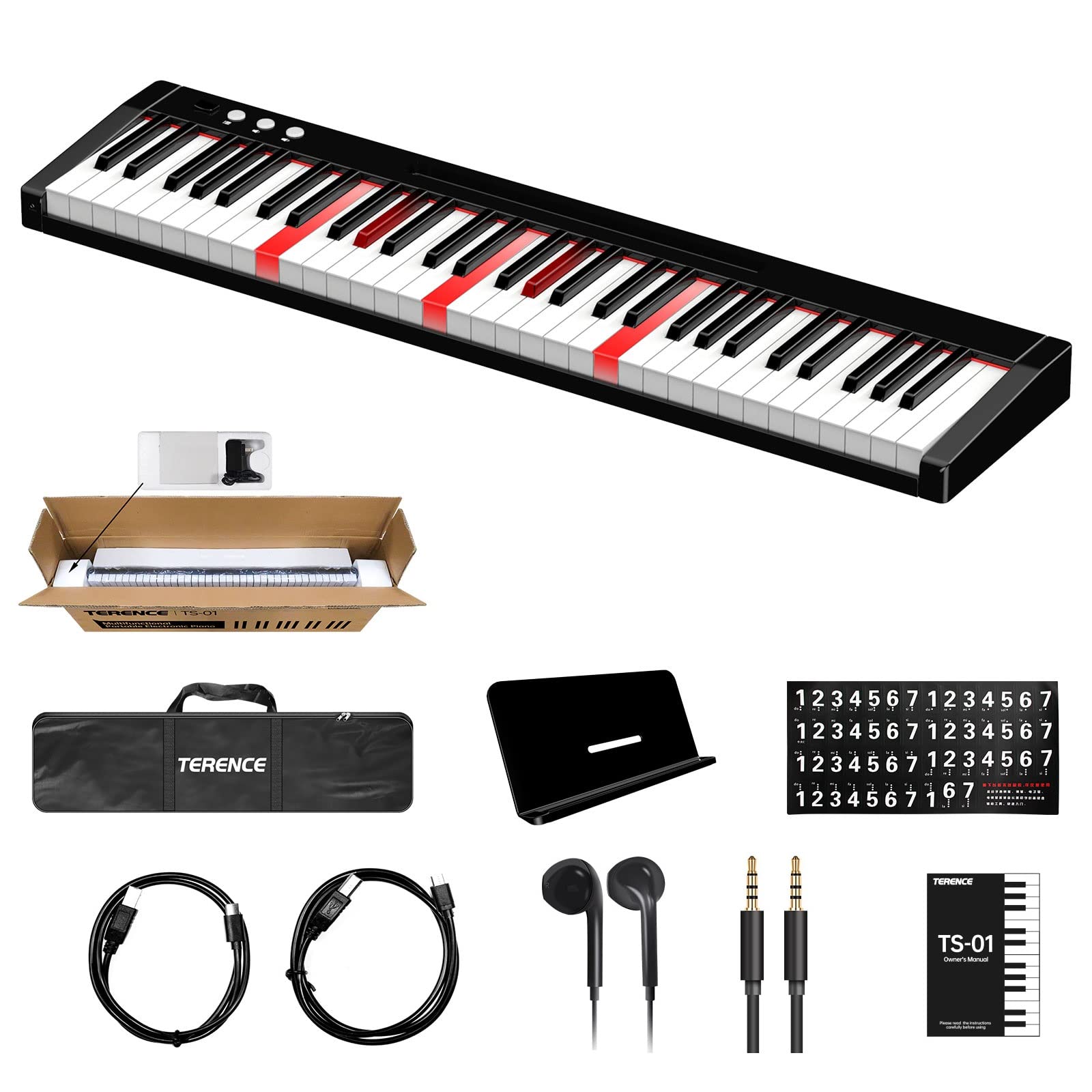 TERENCE Pianoforte Digitale Portatile 61 Tasti semi-pesati con Supporti e batteria da 1800 mAh Tastiera e interfaccia MIDI e supporto per spartiti Bluetooth Borsa adesiva Cavo audio Auricolari