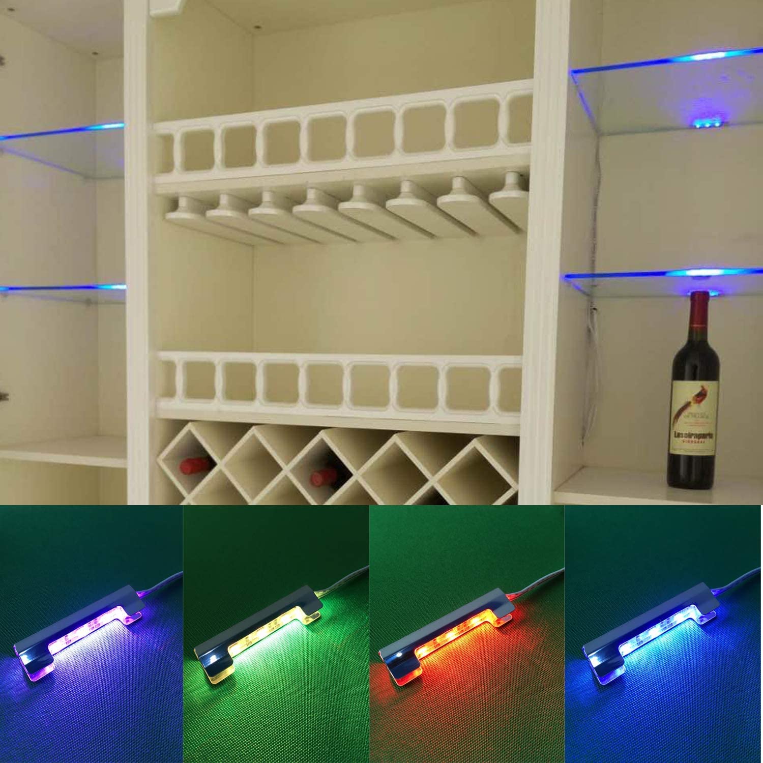 AIBOO Set di 12 illuminazioni LED per superfici in vetro, con clip per bordi in vetro, RGB, cambio colore, illuminazione per vetrine, illuminazione per armadi con telecomando